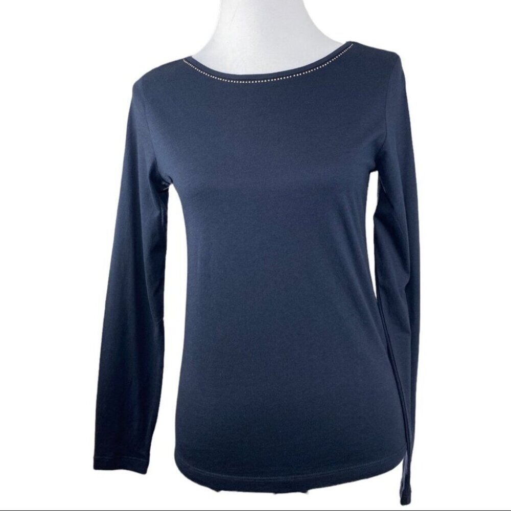 Ellen Tracy Womens Navy Blue Long Sleeve Boat Neck Beaded Top Small RN125598